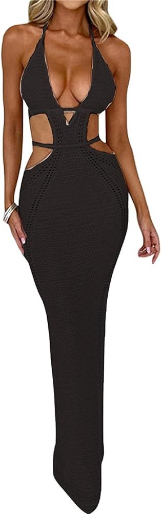 Women Sexy V Neck Bodycon Sweater Dress Knitted Halter Backless Hollow Out Waist Maxi Dress Party... | Amazon (US)