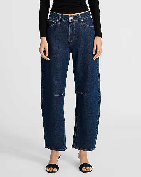 Mid Rise Dark Wash Barrel Jeans | Express