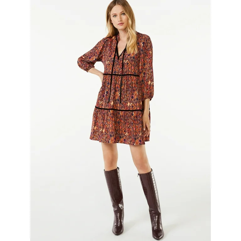 Scoop Women's Velvet Trim Tiered Dress | Walmart (US)