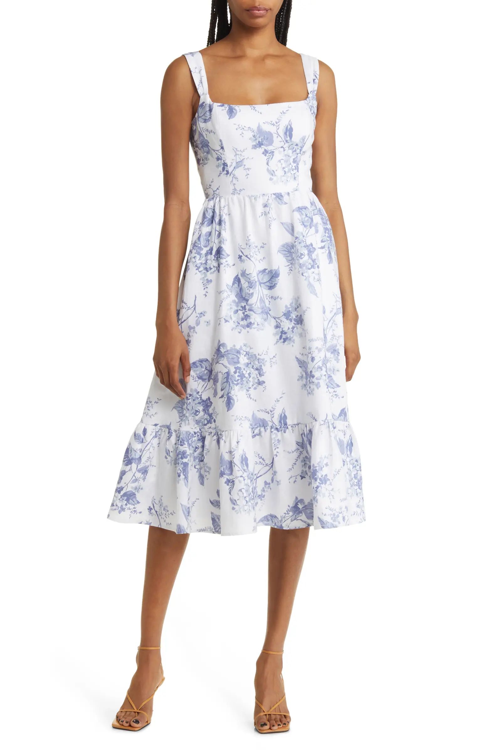 Bucatini Floral Print Linen Midi Dress | Nordstrom