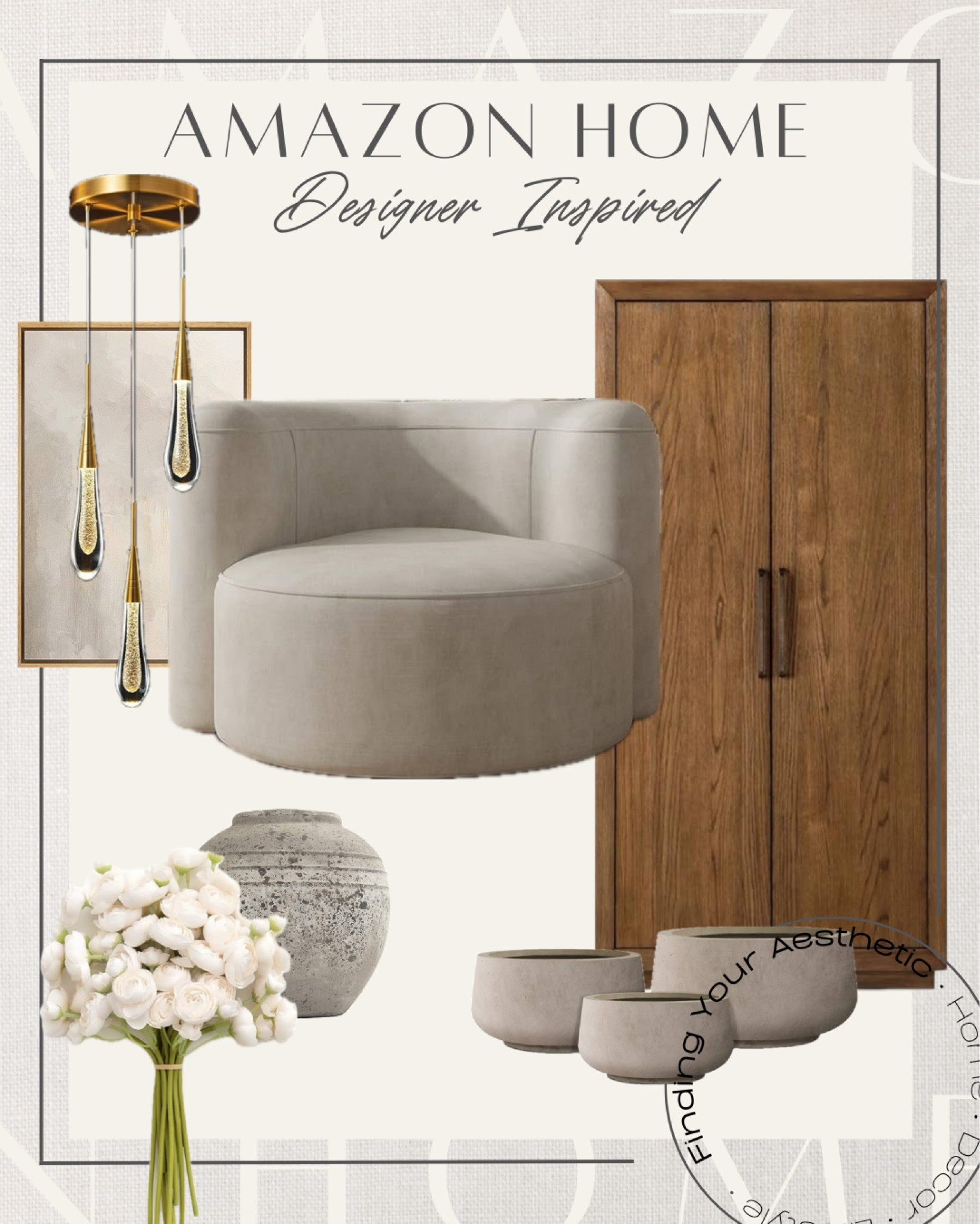 Get the look for less with these Amazon home designer inspired home decor and furniture finds 

Modern accent chair // velvet accent chair // RH cabinet dupe // wood storage cabinet // weathered concrete planters // organic modern vase // decorative vase rustic // abstract wall art // raindrop chandelier // RH inspired chandelier // faux floral arrangement // Amazon styled home 

#LTKhome #LTKstyletip