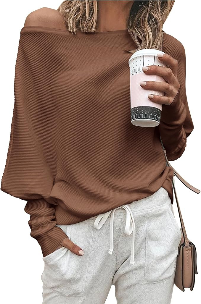 Zenlonr Womens Off The Shoulder Sweater Knit Pullovers Tops | Soft ‌Stretchy,Long Batwing Sleev... | Amazon (US)