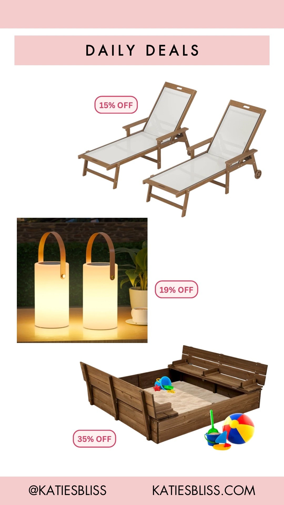 Daily deals ✨

Amazon. Deal. Sale. Markdown. Outdoor. Home. Summer. Yard. Lawn chair. Pool chair. Sandbox. Speaker. Solar lights.

#LTKSeasonal #LTKSaleAlert #LTKHome