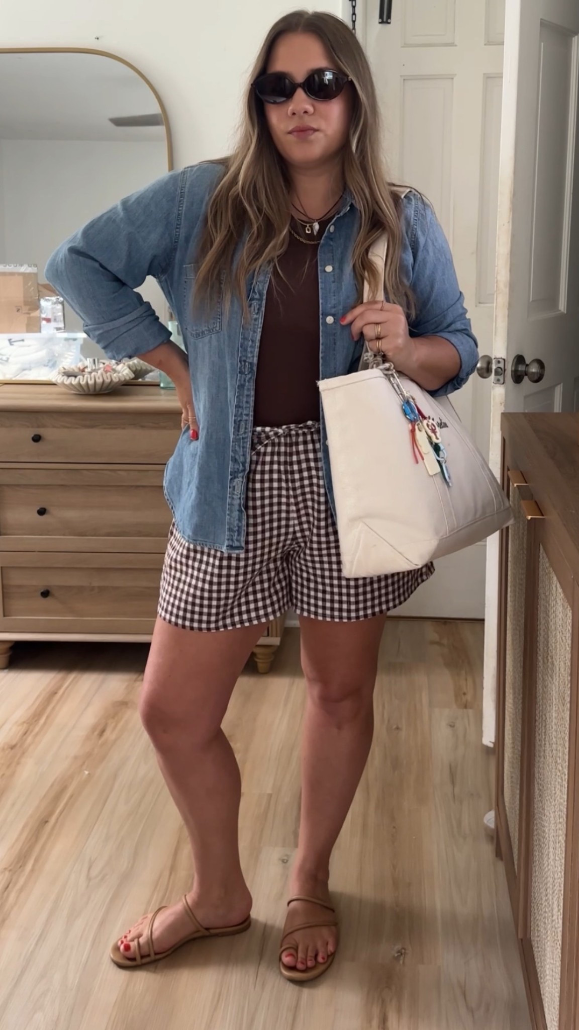 Cotton shorts tts- im in medium 

Gingham shorts
Chambray shirt
LL bean boat and tote
reformation
Ludo sandals
Old navy tank
Summer outfit
Casual outfits

#LTKSeasonal #LTKFindsUnder50 #LTKPetite