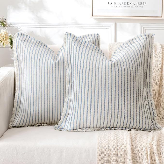 MIULEE Pack of 2 Light Blue Pillow Covers 24x24 Inch Striped Farmhouse Couch Spring Throw Pillow ... | Amazon (US)