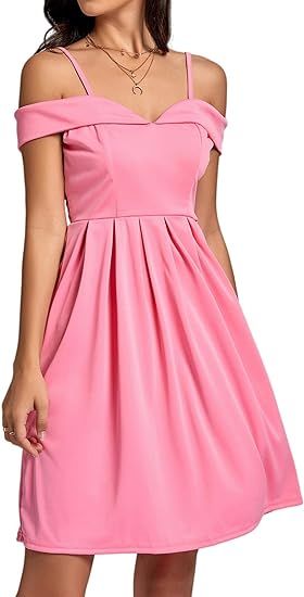 LYANER Women's Cold Shoulder Sweetheart Neck Off Shoulder Pleated Flowy Short Dress | Amazon (US)