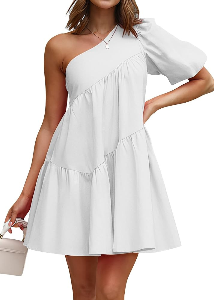 Womens 2023 Summer Casual One Shoulder Mini Babydoll Dress Puff Sleeve Loose Tiered A Line Flowy ... | Amazon (US)