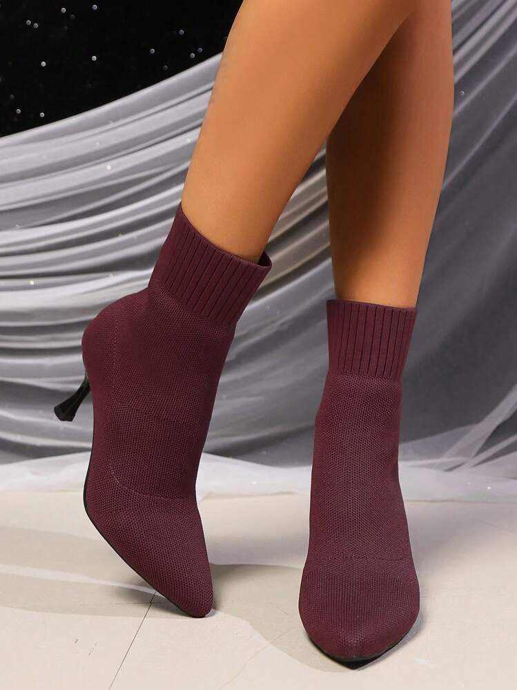 New Arrival Elastic Boots For Women,Pointed Toe Knitted Tall Boots, High Heels, Mid-Calf, Plus Si... | SHEIN