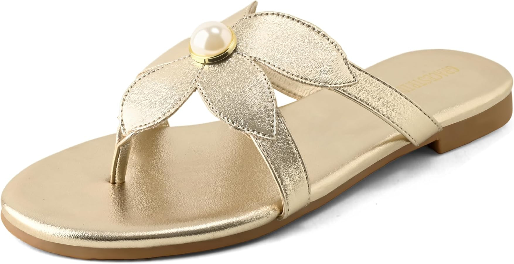 Flat Sandals for Women Pearl Slides Flower Flip Flops Round Toe Comfortable Beach Dressy Shoes | Amazon (US)