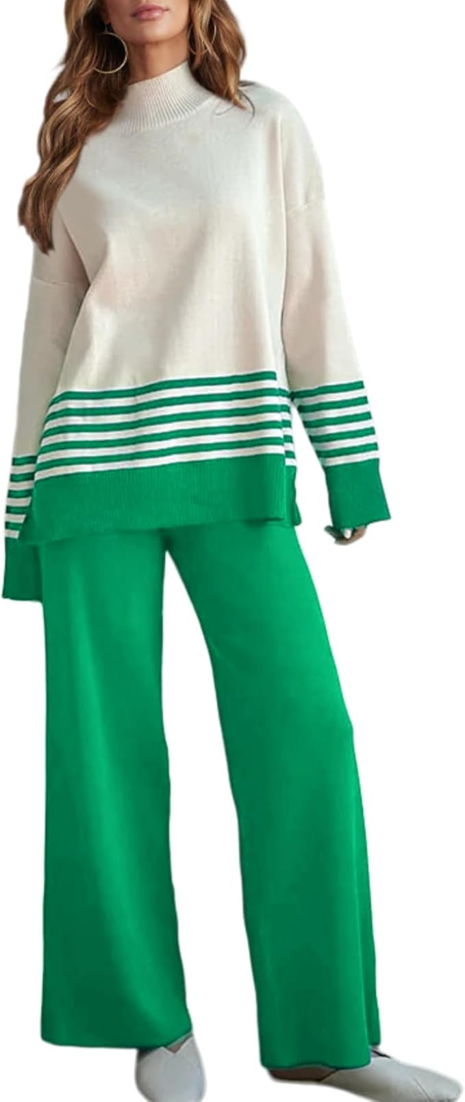 Casual Sweater Sets Women 2 piece Outfits Long Sleeve Striped Pullover Top Wide Leg Pants Matchin... | Amazon (US)