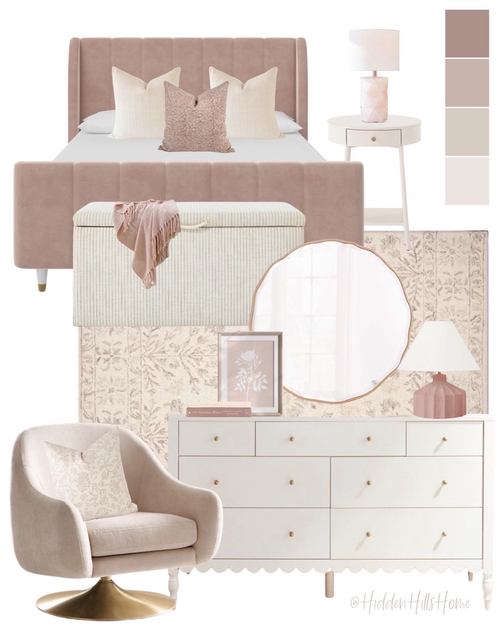 Modern classic pink girls bedroom mood board, pink and neutral girls bedroom design ideas, pink upholstered bed #pink #girls