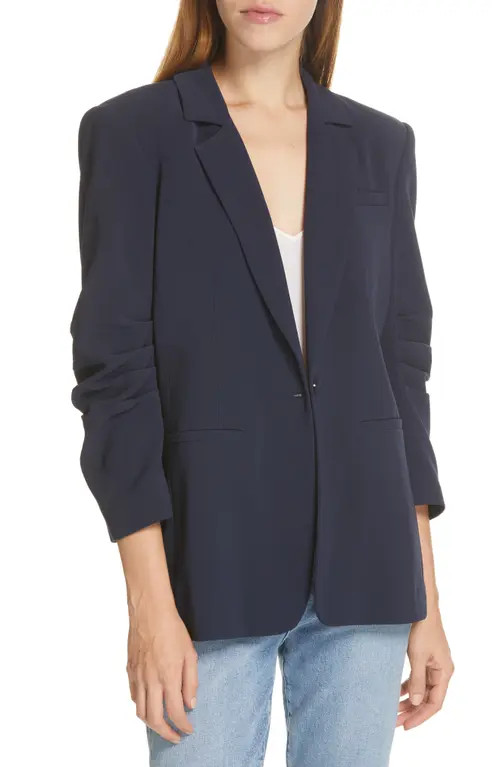 Cinq à Sept Khloe Ruched Sleeve Blazer in Navy at Nordstrom, Size 00 | Nordstrom