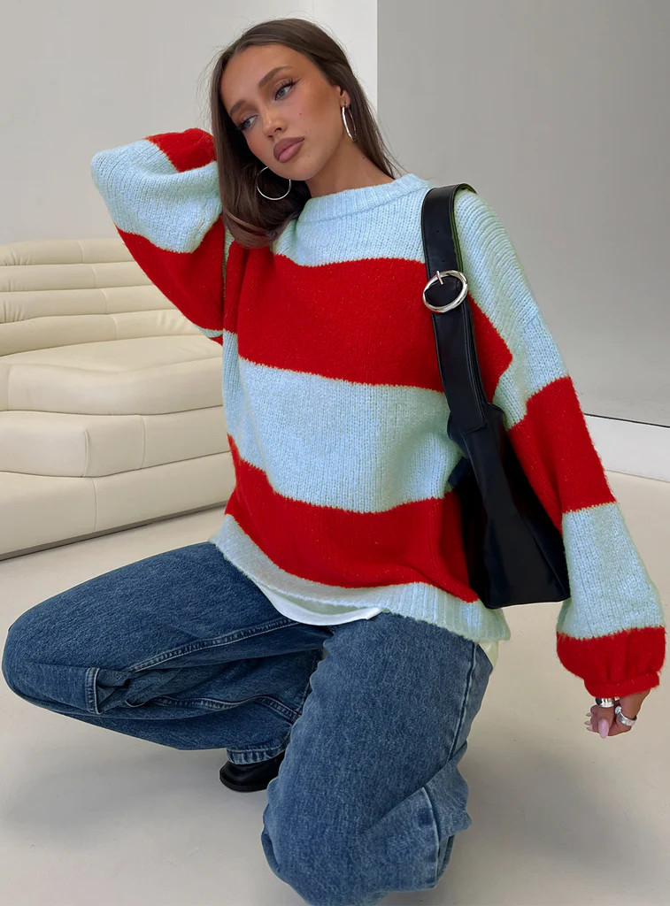 Bastien Crew Neck Knit Sweater Blue / Red | Princess Polly US