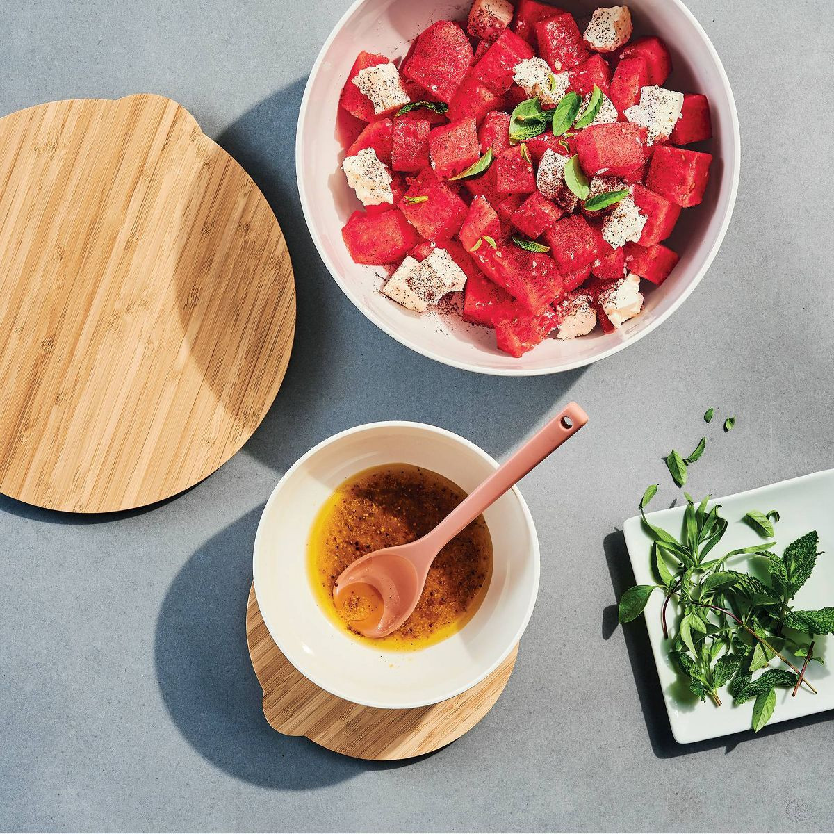 4pc (set of 2) Plastic Mixing Bowl Set with Bamboo Lids Cream - Figmint™ | Target