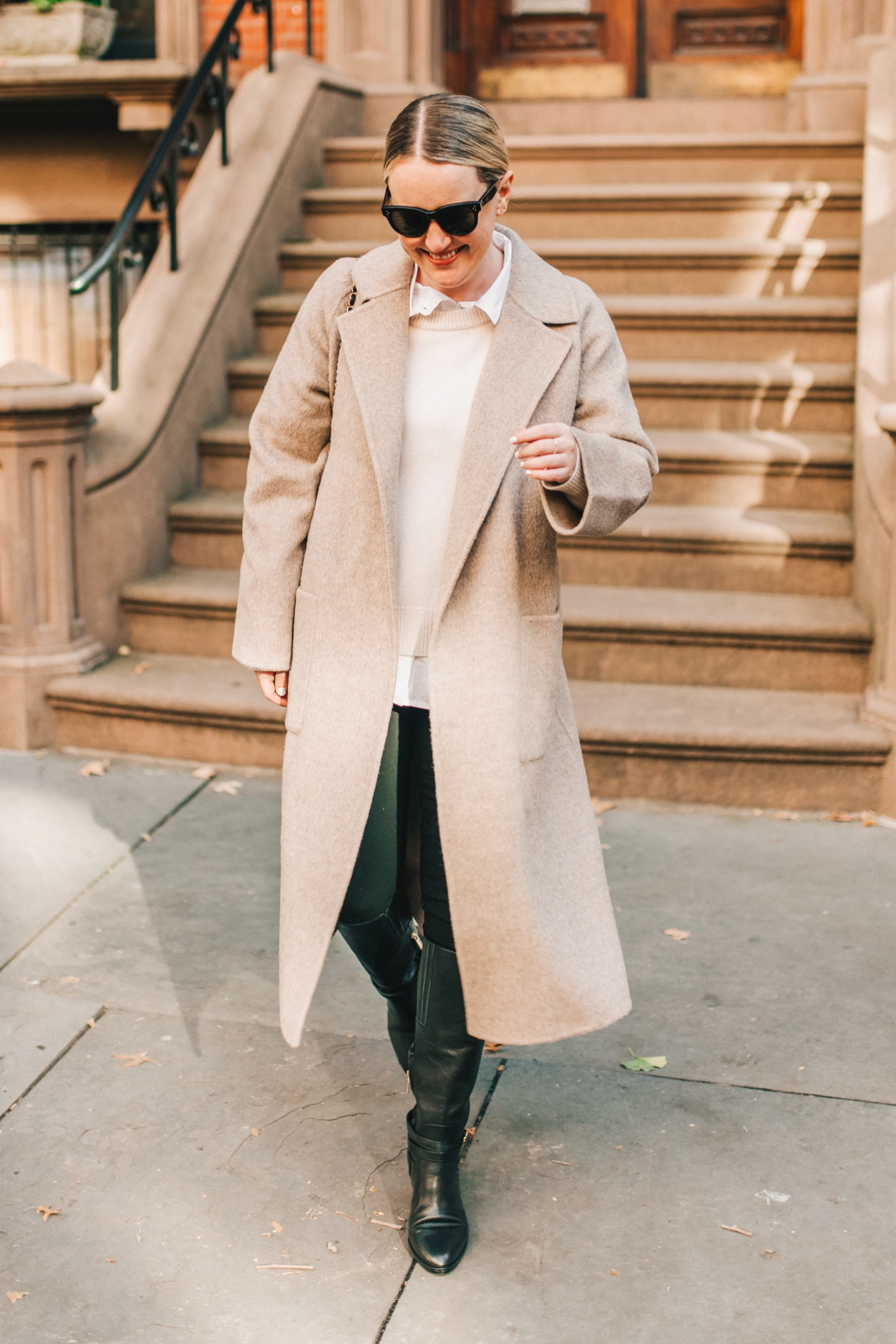 Riding boot fall outfit featuring Sarah flint boots and Jenni kayne buttondown (runs big! Wearing a S) & other stories wrap coat (S - runs big) and Mmlafleur ponte pants in 6S 

#LTKSeasonal