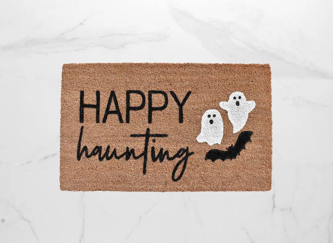 Happy Haunting Doormat, Halloween Doormat, Welcome Mat, Halloween Decor, Haunted House, Front Doo... | Etsy (US)