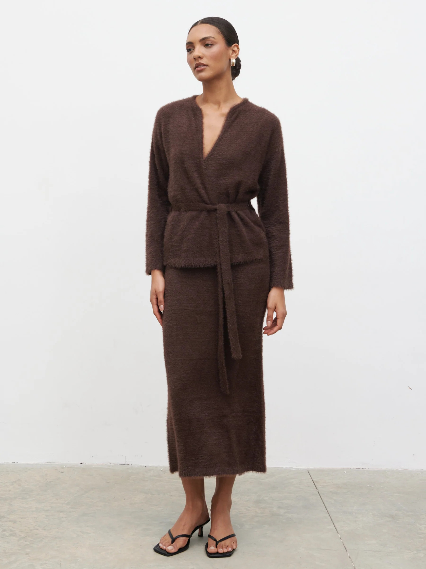 Isabella Fluffy Knit Tie Waist Cardigan - Chocolate | Pretty Lavish (UK)