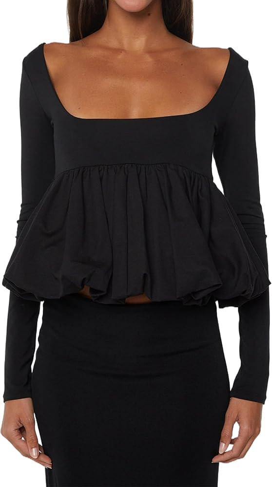 MISSACTIVER Women Long Sleeve Peplum Crop Tops Trendy Backless Scoop Neck Ruffle Hem Shirts Casua... | Amazon (US)