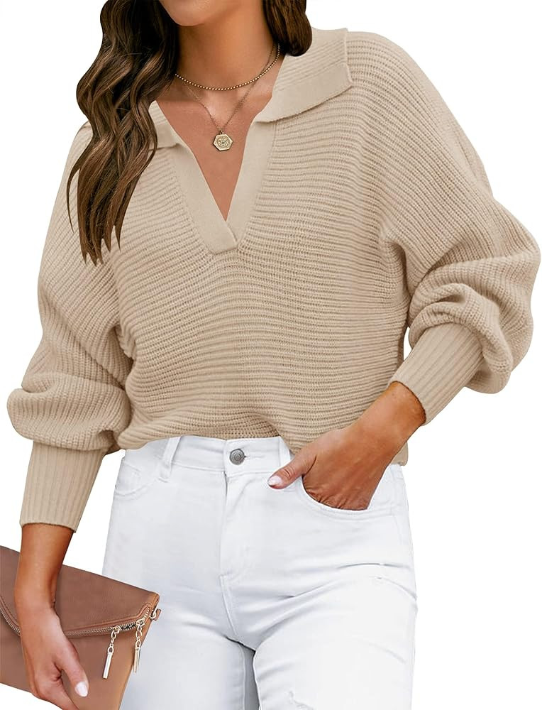 ZESICA Women's 2023 Fall Lapel Collar V Neck Long Sleeve Ribbed Knit Comfy Loose Casual Pullover ... | Amazon (US)