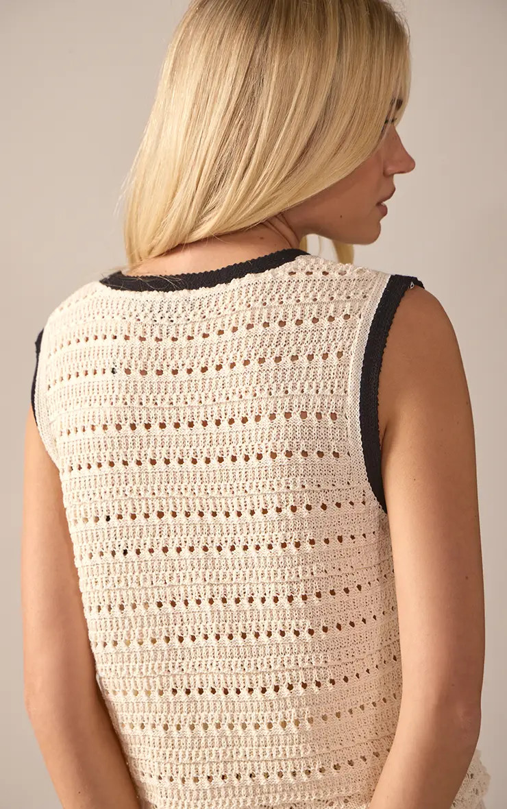 Cream Contrast Piping Crochet Knit Sleeveless Waistcoat | PrettyLittleThing UK