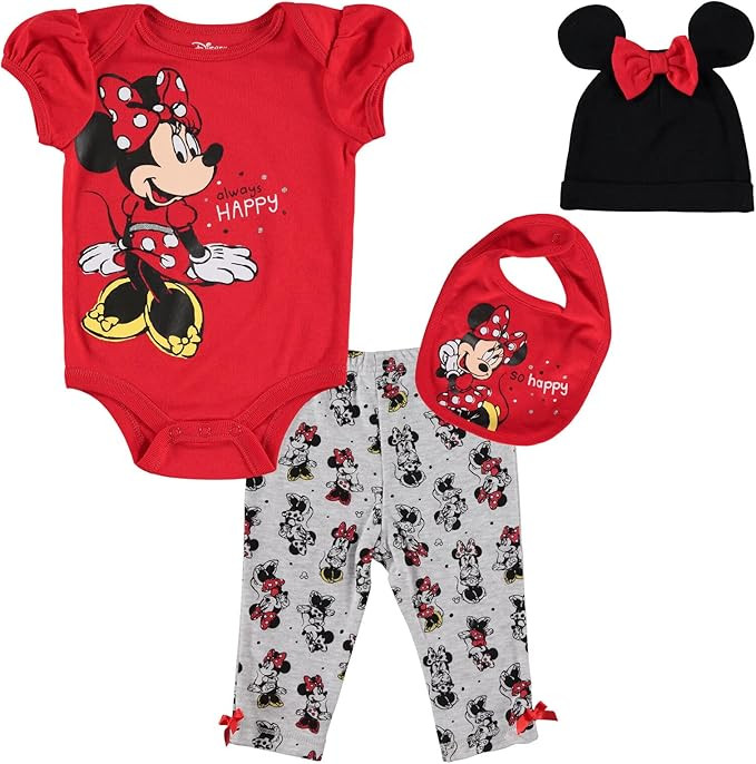 Disney Minnie Mouse Baby Girls Bodysuit Pants Bib and Hat 4 Piece Outfit Set Newborn to Infant | Amazon (US)
