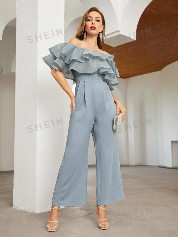 SHEIN Privé Off Shoulder Layered Ruffle Detail Palazzo Jumpsuit | SHEIN