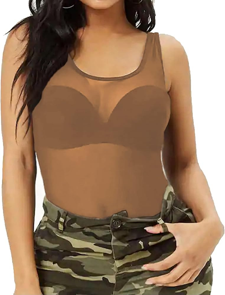 Allchic Womens Sheer Mesh Tank Tops, See Through Scoop Neck Blouses, Sleeveless Sexy Tops | Amazon (US)