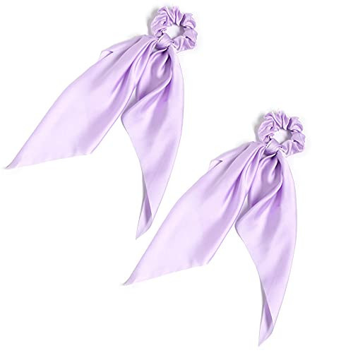 Pack of 2 Knotted Bow Hair Scrunchies Elastic Hair Scarf Hair Ties Bands Satin Hair Ribbon Scrunchy Ponytail Holder for Women and Girls, Hair Scarf Scrunchies, Hair Accessories (Lilac) | Amazon (US)