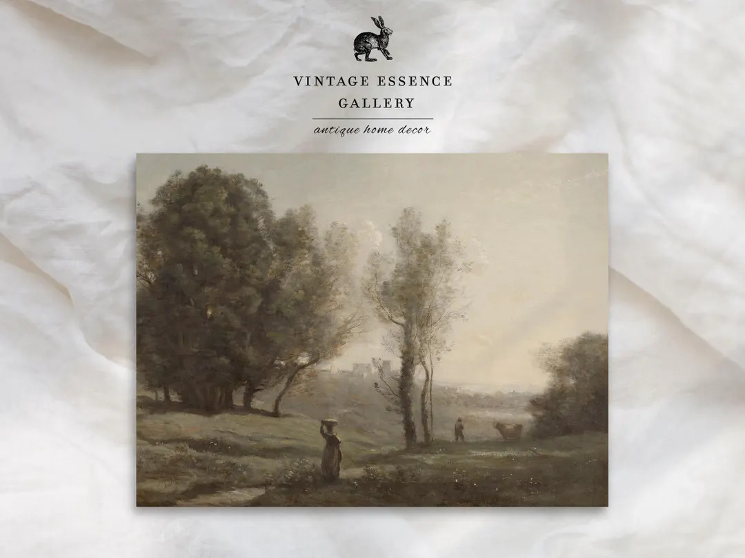 Pastoral Vintage Country Landscape Antique Oil Painting Cottagecore Print Green Neutral Tones Art... | Etsy (US)