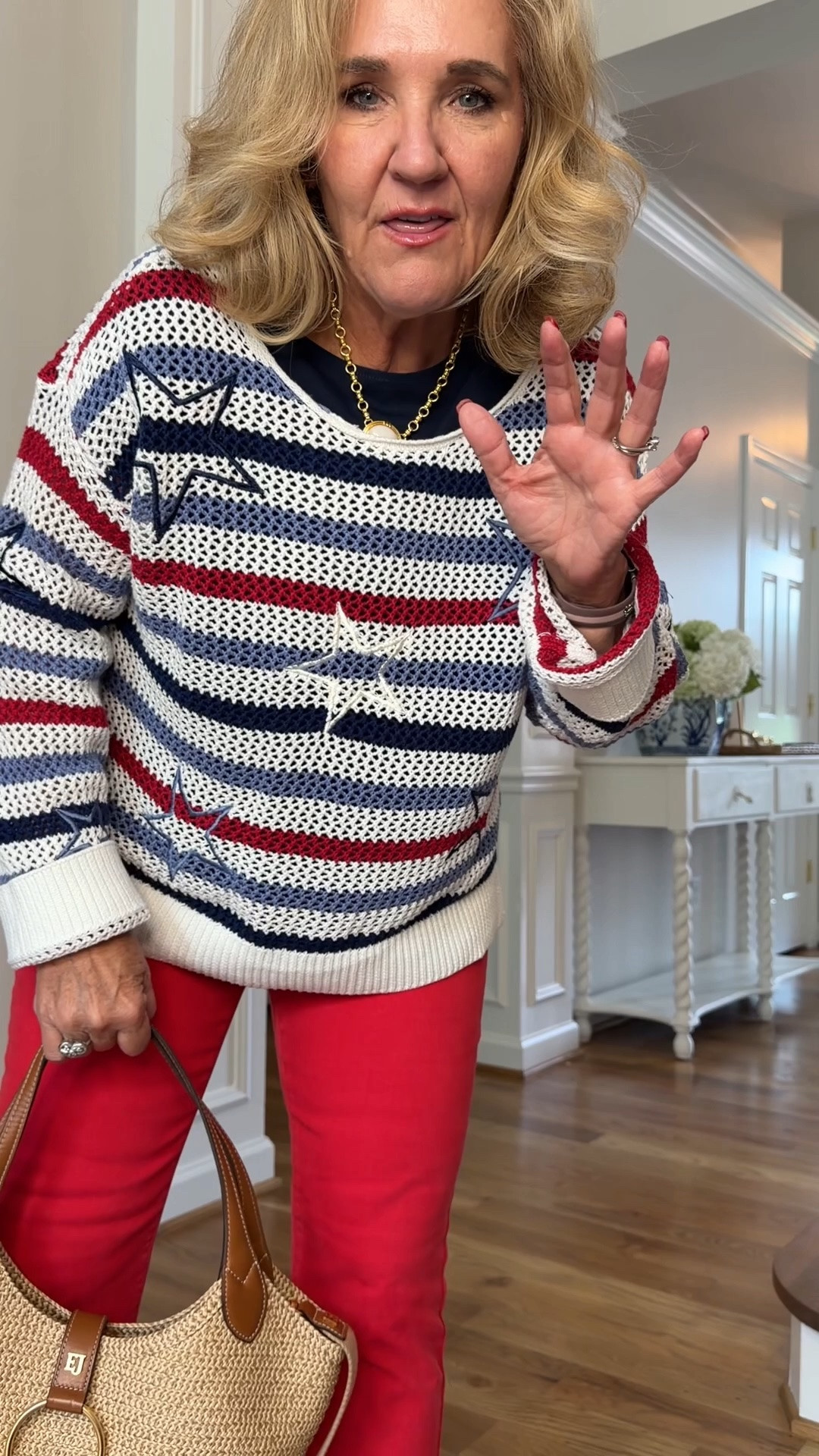 Loft outfit! Sweater and tee size medium 
Jeans size 29 reg and def size up if inbetween or you don’t want them snug 
10% off my tote with code NANETTE
4th of July summer outfit flag sweater red jeans

#LTKSaleAlert #LTKOver40 #LTKSeasonal