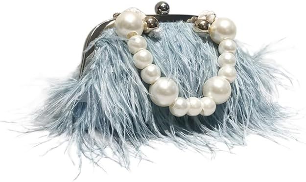 Vintage Fluffy Ostrich Feather Evening bags and Clutches for Women Pearl Chain Tote bags Bridal P... | Amazon (US)