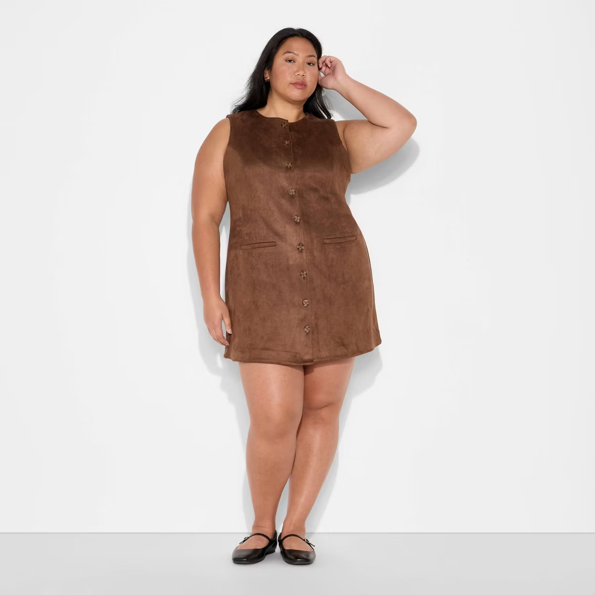 Women's Faux Suede Button-Front Mini A-Line Dress - Wild Fable™ Brown 4X | Target