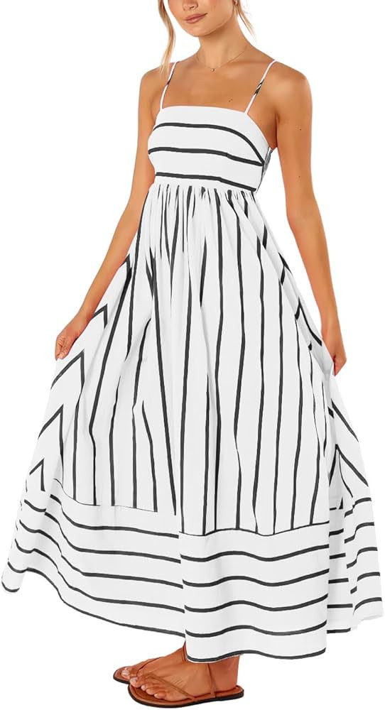 chouyatou Women's Striped Back Smocked Maxi Dress Sexy Spaghetti Strap Cut Out Flowy Swing Long D... | Amazon (US)