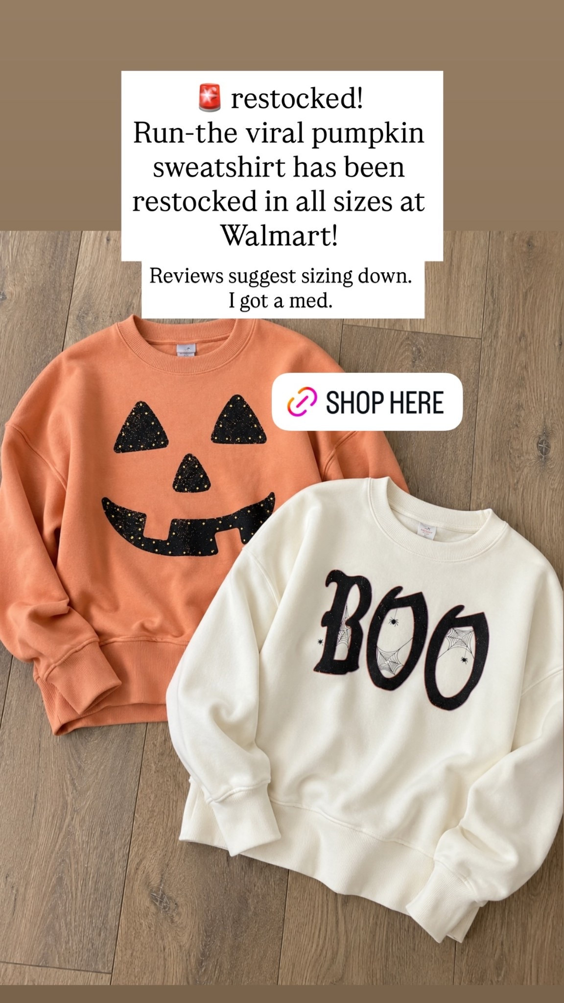 🚨 restocked!
Run-the viral pumpkin sweatshirt has been restocked in all sizes at Walmart!  Reviews suggest sizing down. I got a med.