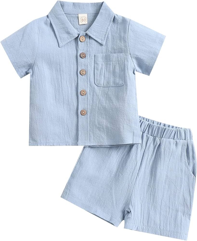 SHIBAOZI Toddler Baby Boys Clothes Set Button-Down Shirt Tops + Cotton Linen Shorts Summer Outfit... | Amazon (US)