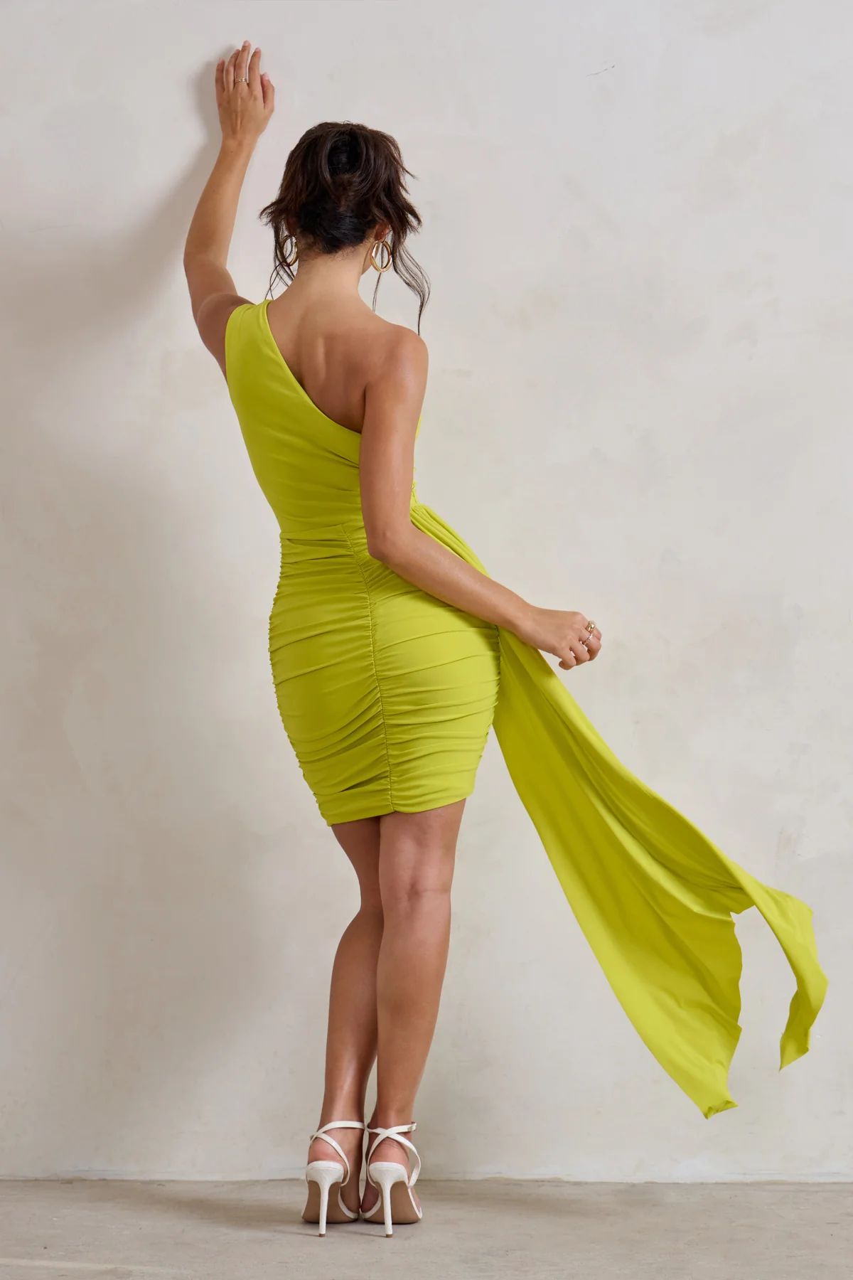 Charlie | Lime Green One Shoulder Ruched Mini Dress With Statement Drape | Club L London
