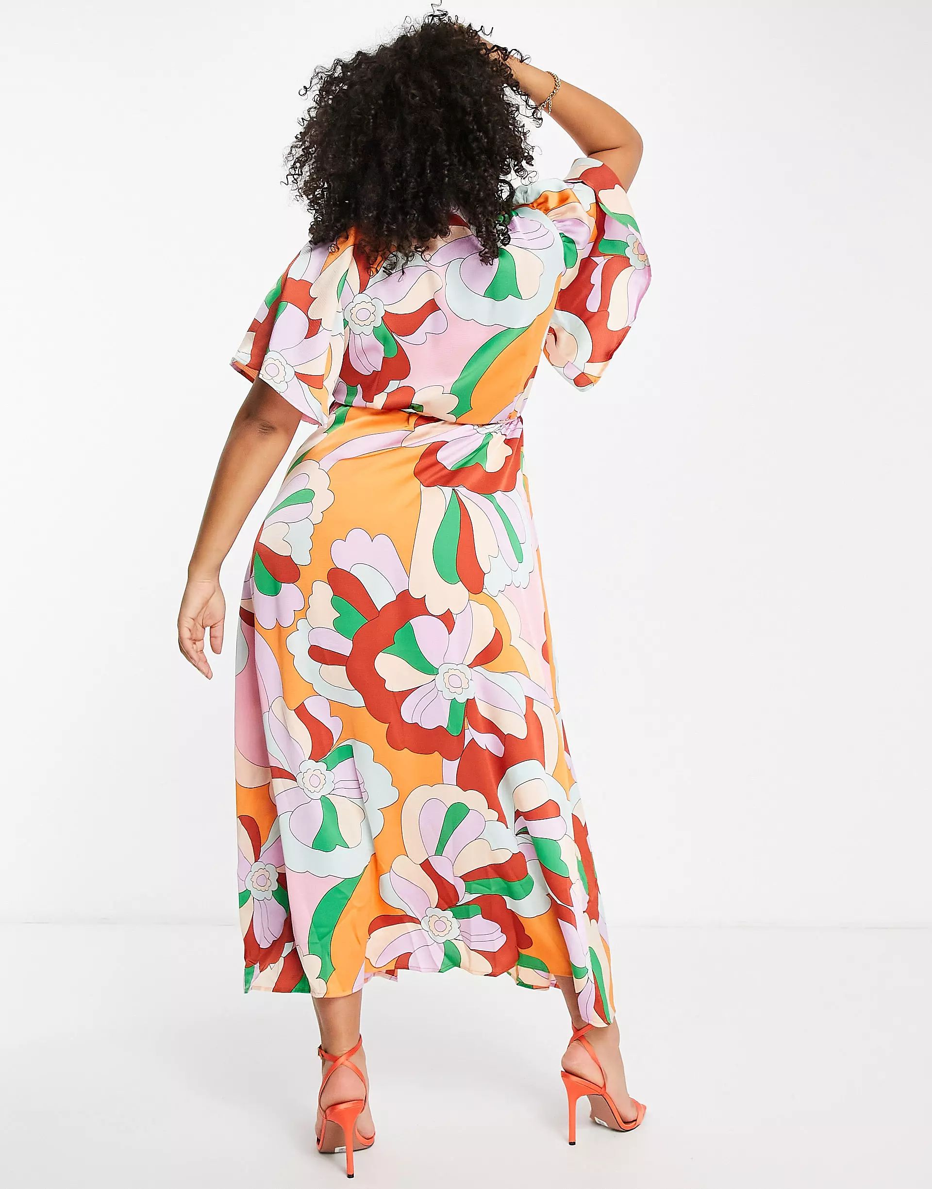 Liquorish Plus wrap midi dress with frill sleeve in floral print | ASOS (Global)