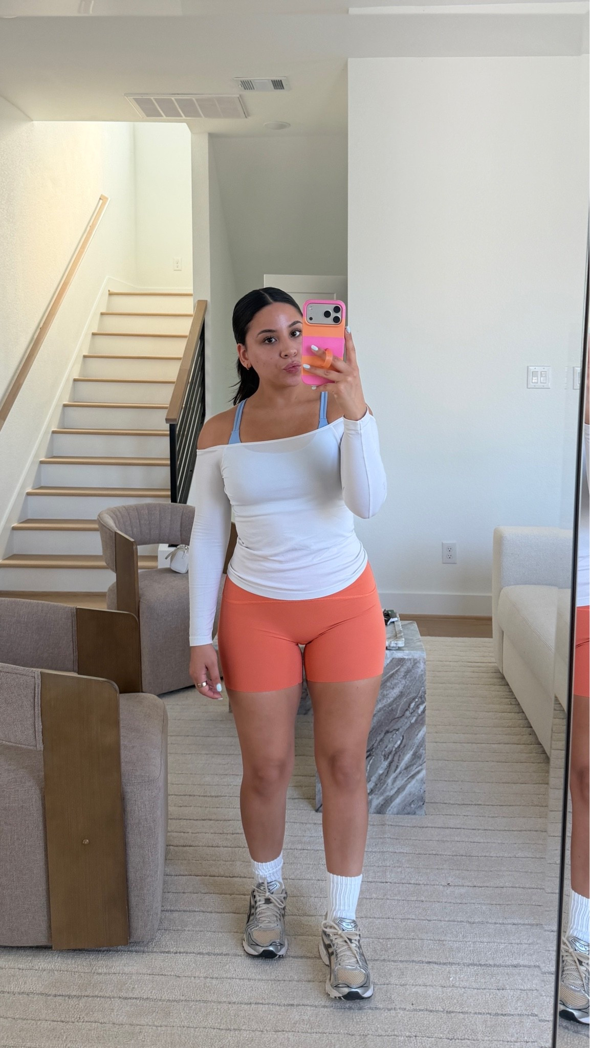 Sports bra: 4
Shorts: small
Off the shoulder top: small
Sneakers: 6.5 women 
White socks 
Gym outfit

#LTKgrwm #LTKootd #LTKActive