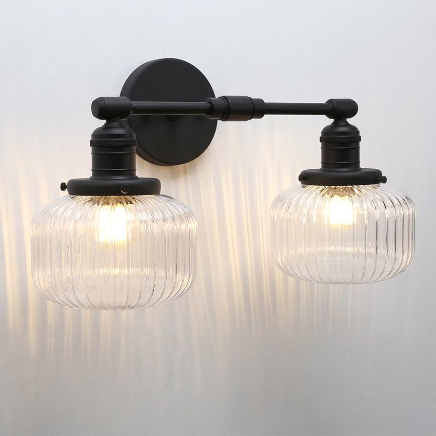 2-Lights Industrial Glass Wall Sconces, Antique Brass Clear Striped Globe Shade Wall Light Fixtur... | Amazon (US)