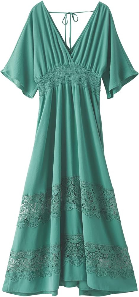 Women's Lace Maxi Dress Short Sleeve V Neck Party Dress Smocked Waist Boho Maxi Dress Bohemian Dr... | Amazon (US)