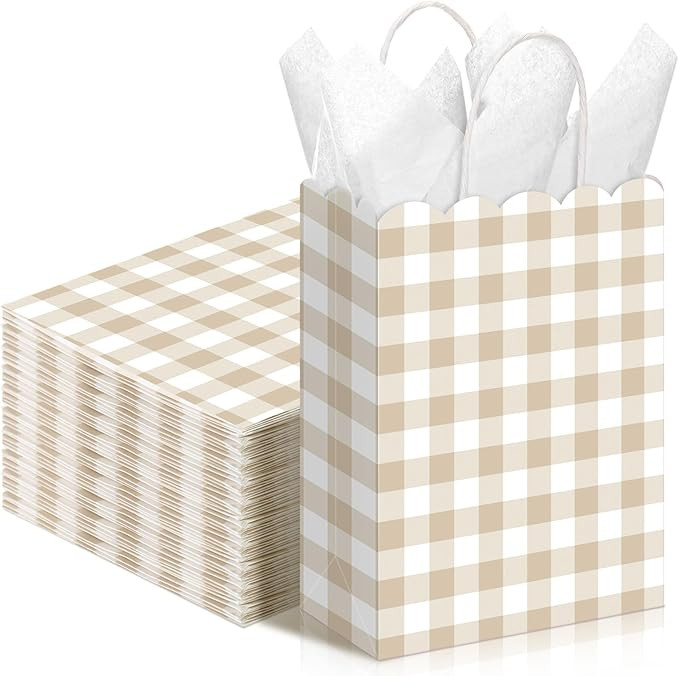 Kolldenn 24 Pcs Light Beige Gingham Party Supplies Gift Bags with Handles Kraft Paper Checkered P... | Amazon (US)