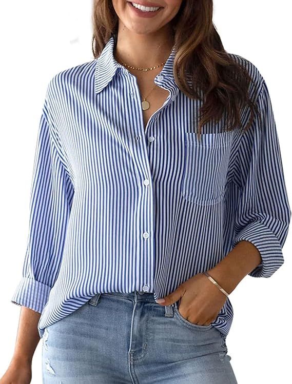 Women's Button Down Shirts Striped Long Sleeve V Neck Classic Shirt Business Casual Tops with Pok... | Amazon (US)