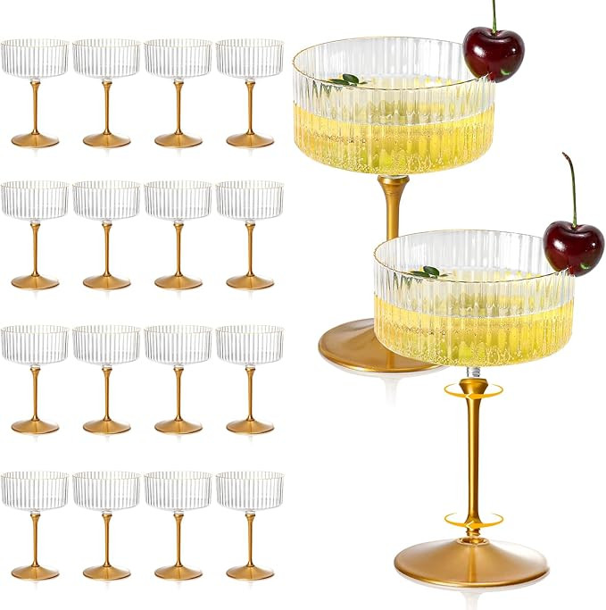 24 Pcs Detachable Martini Glasses 10oz Plastic Clear Ribbed Coupe Glasses Gold Rim Disposable Wit... | Amazon (US)