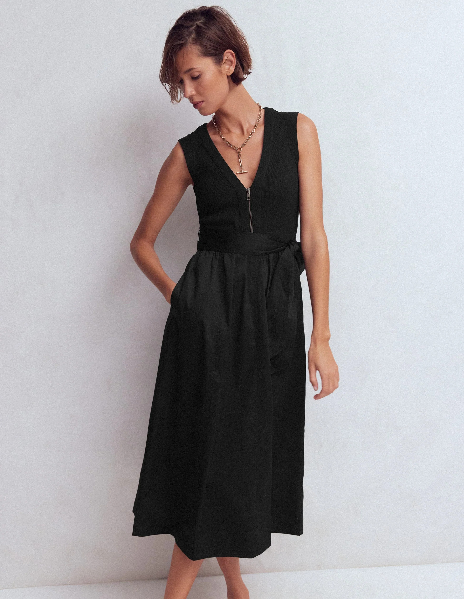 Zip-front Mix Media Dress-Black | Boden UK