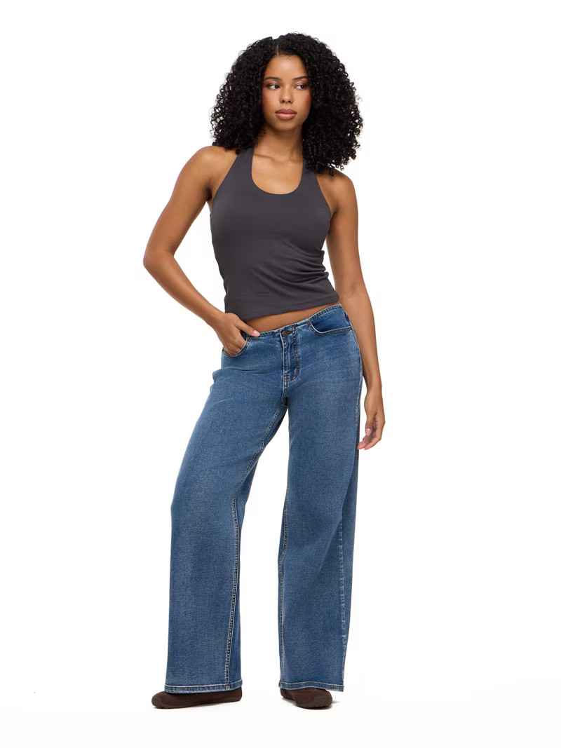 Forever 21 Women's No Waist Wide Leg Denim Pants, Stretch Cotton Blend Jeans, Mid Rise Casual Eve... | Walmart (US)