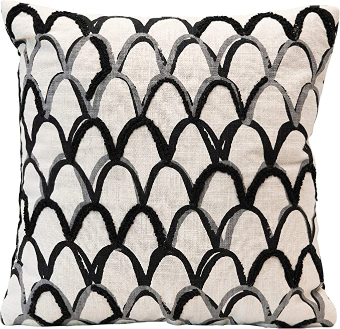 Creative Co-Op Cotton Printed & Embroidered Scallop Pattern, White & Black Pillow | Amazon (US)