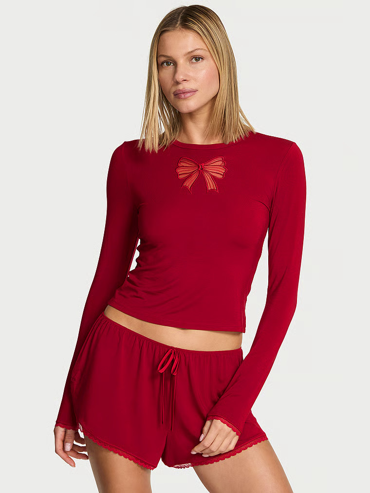 Buy Modal Soft Bow Long-Sleeve Tee & Short Set, Red Lacquer - Order Pajamas Sets online - Victori... | Victoria's Secret (US / CA )