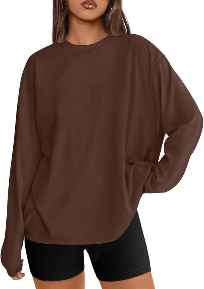 BONITEE Long Sleeve Shirt Women Crewneck Casual Trendy Oversized Loose Plain Blouse Sport Tshirts | Amazon (CA)