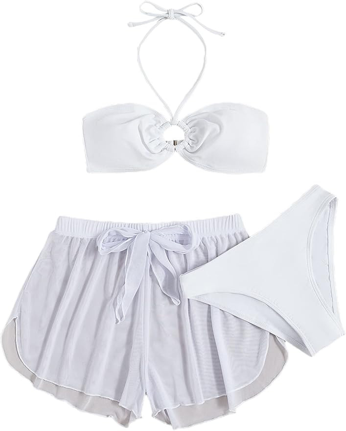 MakeMeChic Women's 3 Piece Swimsuit Halter High Cut Bikini Set with Cover Up Shorts Set | Amazon (US)