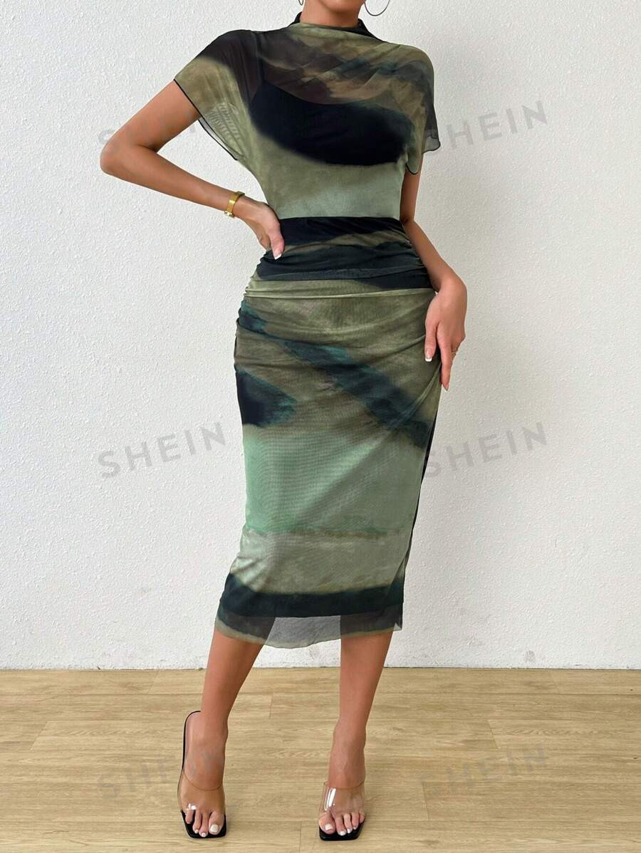 SHEIN Privé Perspective Stand Collar Tie-Dye Mesh Fabric Print Dress | SHEIN